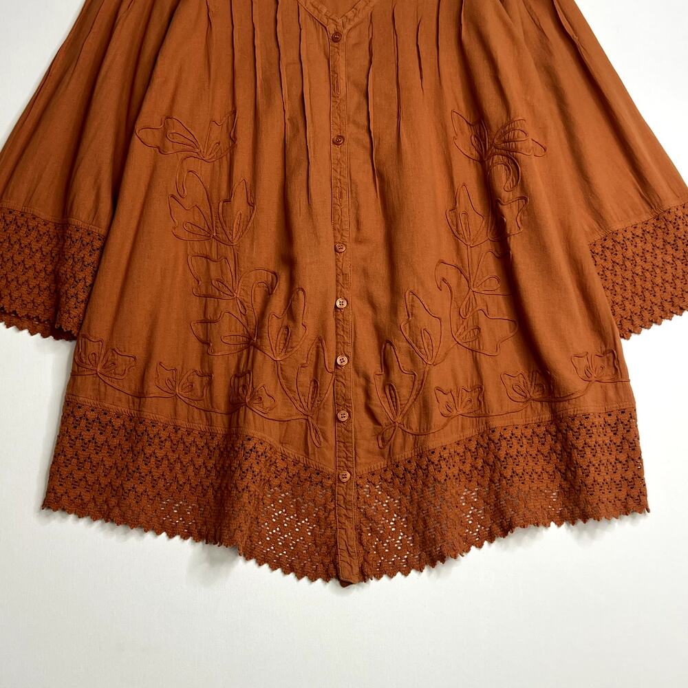 Gretty Zueger 3/4 Sleeve Royal Button Down Cotton Tunic Top Terracota Large - Picture 5 of 9